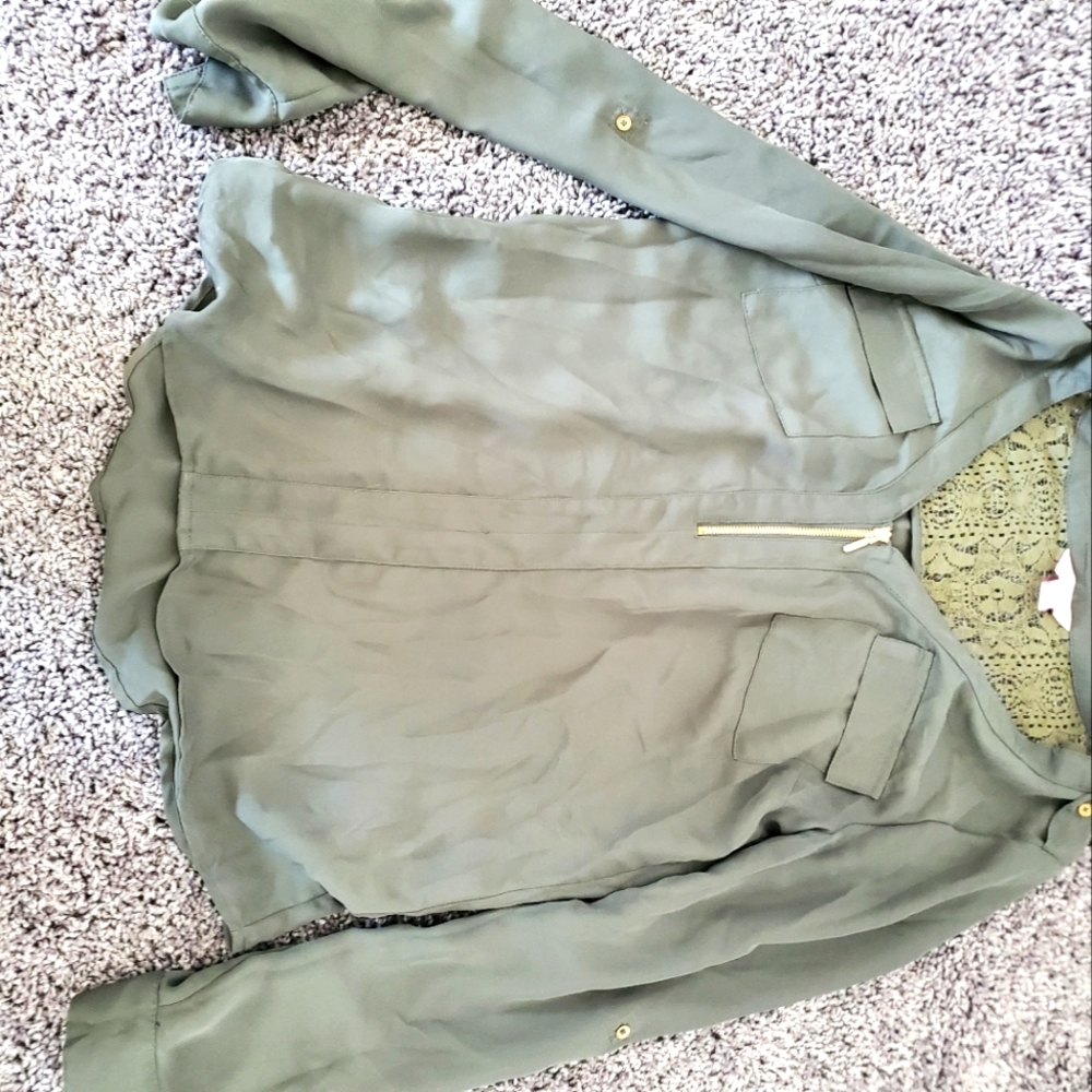 Womens army green top with lace detail